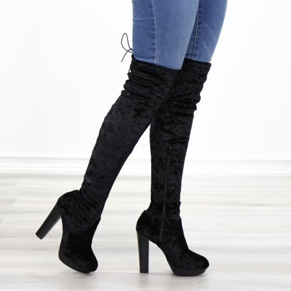 Shoes - Black Velvet Thigh High Heel Boots Back Tie